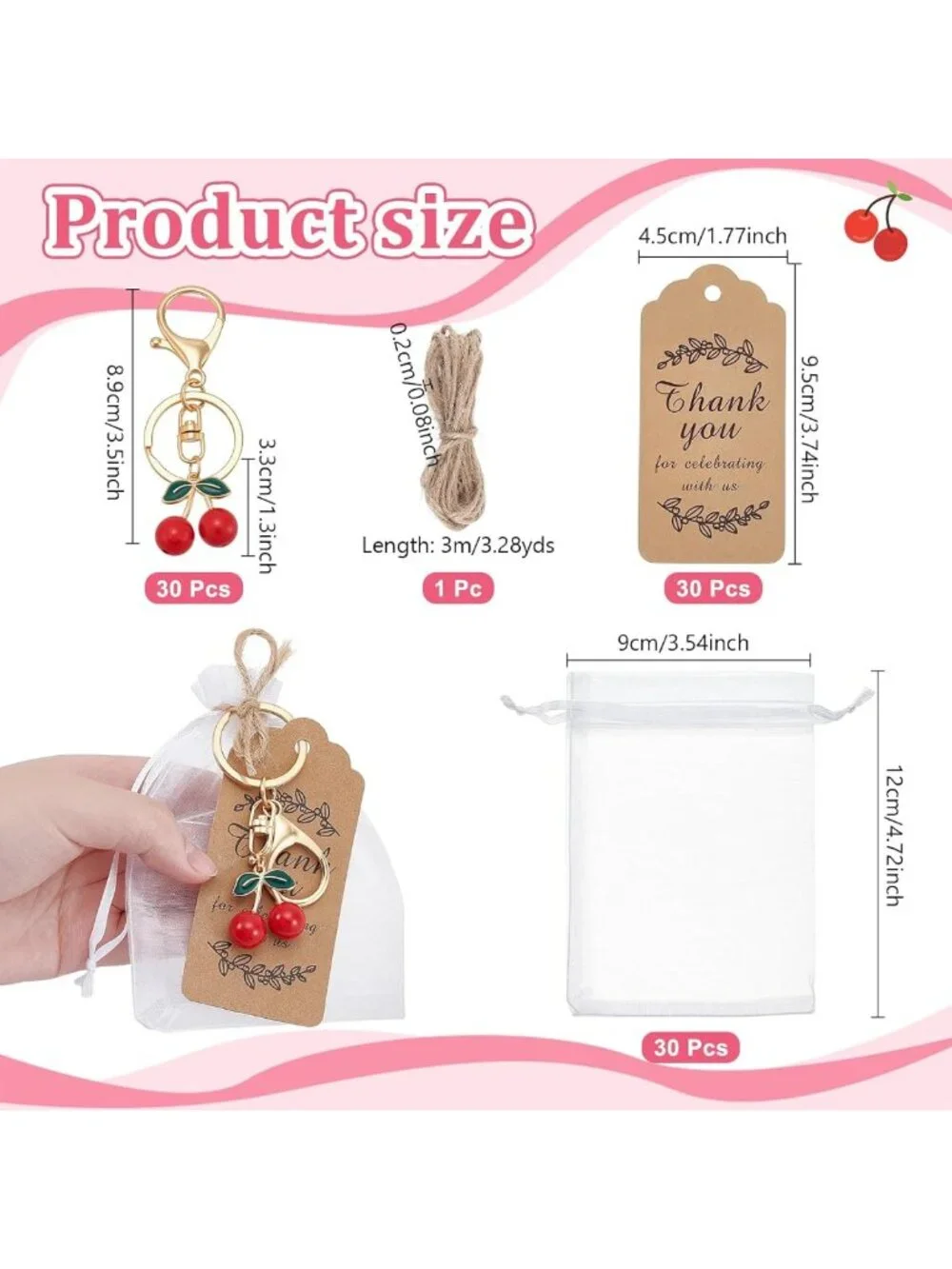 30 Red Cherry Keychains Bulk Party Favors with Organza Bags & Thank You Tags